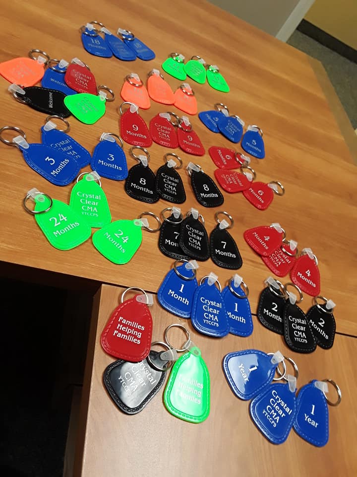 Key Tags to acknowlege days of sobriety from Crystal Meth and for Families Against Meth Welcome key tags